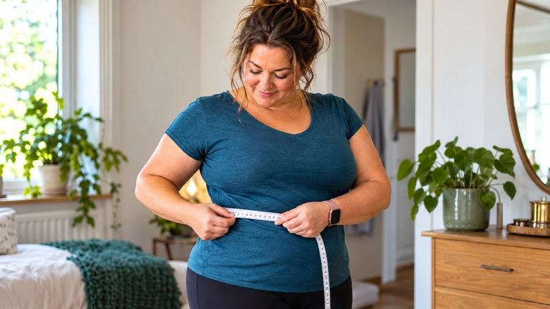 A woman in her forties measuring her waist with a soft tape measure at home, a simple way to check progress while learning how to lose belly fat