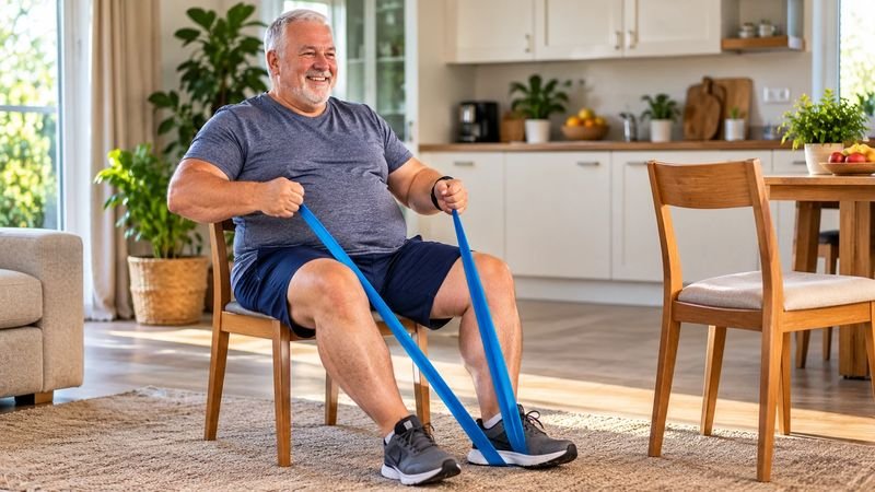A man in his sixties doing a seated strength exercise with a resistance band next to a kitchen chair, a safe start for anyone working out how to lose belly fat
