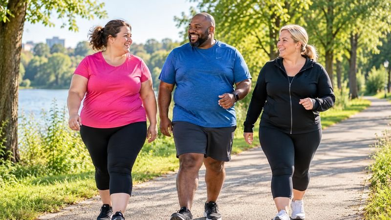 Three adults of different sizes walking together along a path on a sunny morning, the kind of daily activity that matters most in how to lose belly fat
