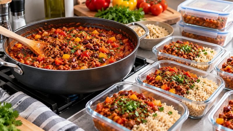 A large pan of chilli with beans and vegetables on a home stove, with food boxes ready for leftovers, a cheap batch meal from the free eating plan