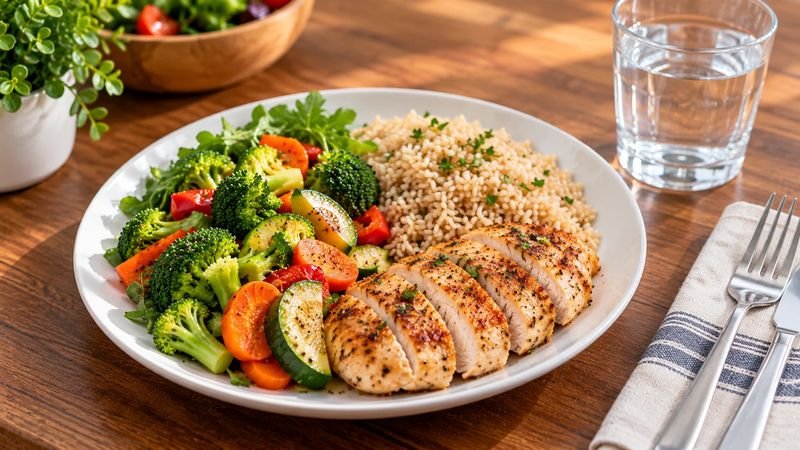 A dinner plate with half vegetables, a quarter brown rice and a quarter chicken, next to a glass of water, the healthy plate at the heart of our free eating plan