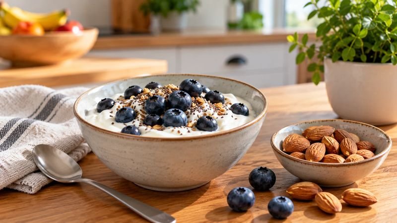A bowl of plain yogurt with blueberries and a small dish of almonds on a kitchen table, two easy healthy snacks for weight loss