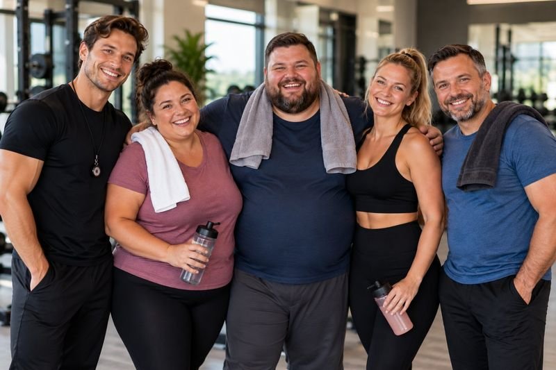 A smiling group of people of different body sizes in sportswear, arm in arm in a gym