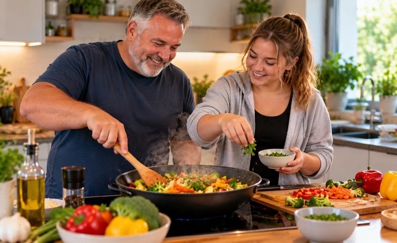 A father and teenage daughter preparing a vegetable stir-fry together in a home kitchen, since cooking together at home is a big part of how to lose weight
