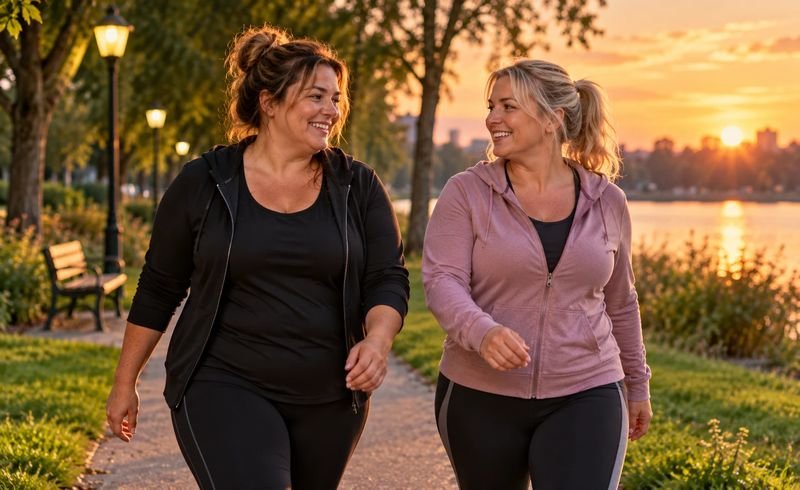 Two friends walking side by side on a park path in the evening, because walking with a friend is a simple part of how to lose weight