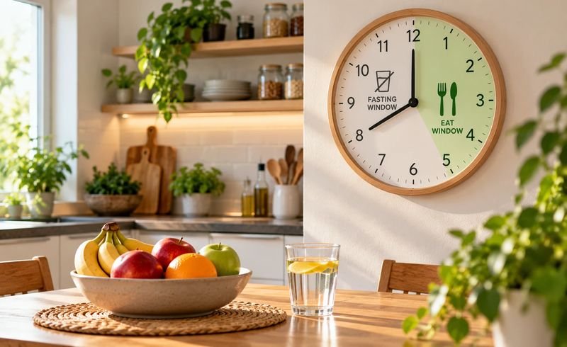 ساعة مطبخ على الحائط فوق طاولة عليها وعاء فاكهة وكوب ماء، رمز لنافذة الأكل في الصيام المتقطع