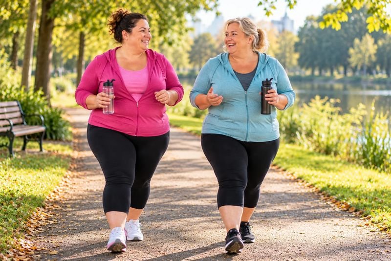 Two women of larger size chatting side by side on a park path in the morning while walking for weight loss
