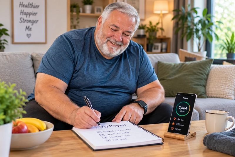 Een man van in de zestig op de bank schrijft glimlachend in een notitieboekje met zijn telefoon ernaast en houdt zijn voortgang in het afvalprogramma bij