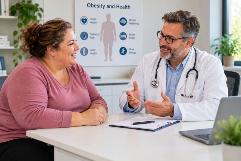 A woman talking with a smiling male doctor at a desk, with an Obesity and Health poster on the wall behind them