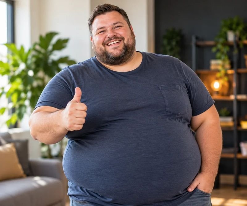 A smiling man with a beard giving a thumbs up in his living room, a reminder that obesity can be treated step by step