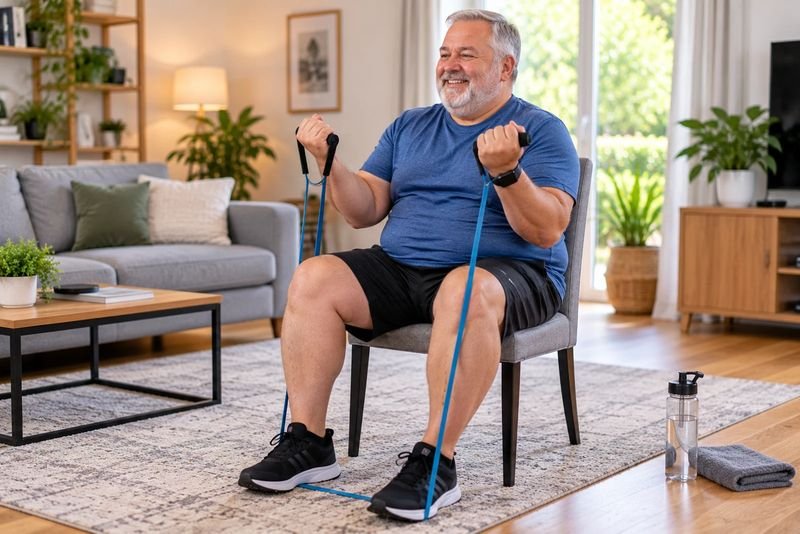 A man doing a seated arm exercise with a resistance band in his living room, a seated move like those in our free workouts